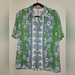 Flying Tomato Green and Blue Floral Button Down Shirt Small